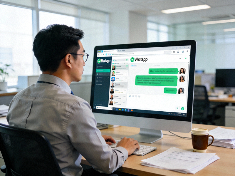 办公室工作人员在台式电脑上使用WhatsApp网页版与同事沟通工作