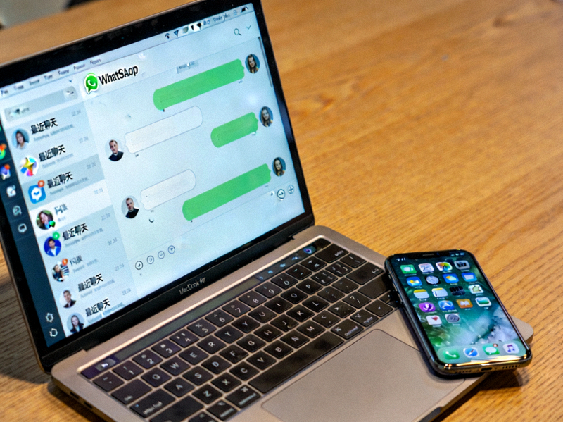 笔记本电脑屏幕上显示WhatsApp网页版聊天界面，旁边放着一部手机