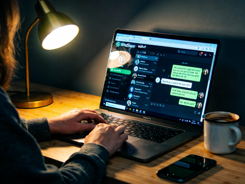 夜晚，用户在家中的笔记本电脑上使用WhatsApp网页版深色模式与朋友聊天